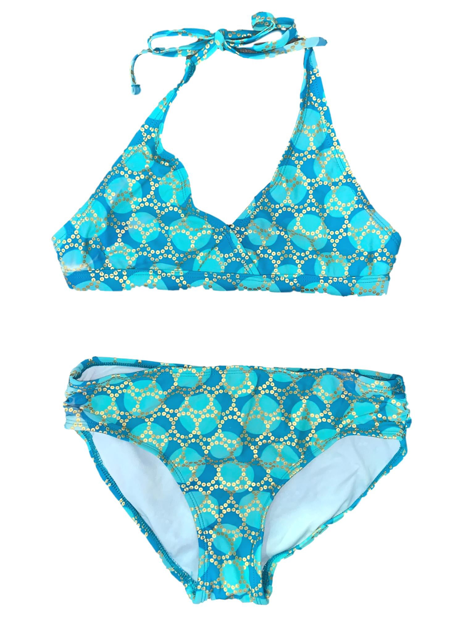 Girls Teal Blue & Blue Dot Gold Sequin Circles 2 Piece Swimsuit ...