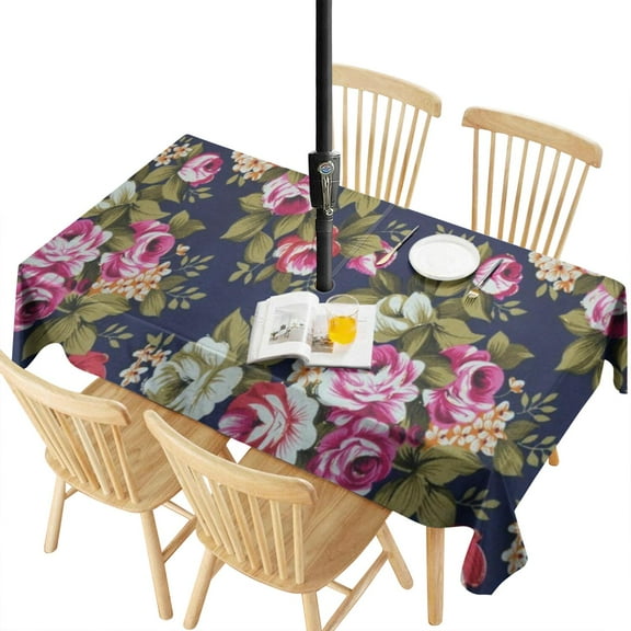 Outdoor Waterproof Tablecloth with Umbrella Hole and Zipper,Pioneer Navy Floral Print Rectangle Reusable Durable Decor Table Cover for Party Picnic Patio 60×120 Inch