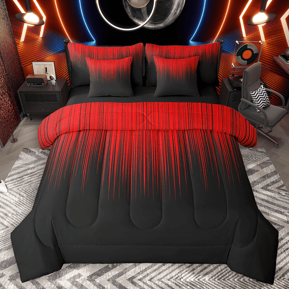 Manfei Gradient Red Twin Bedding Sets 7pcs, Geometric Neon Lights Bedding Comforter Set, Modern Abstract Black Sheet Sets, Microfiber Bedroom Decor