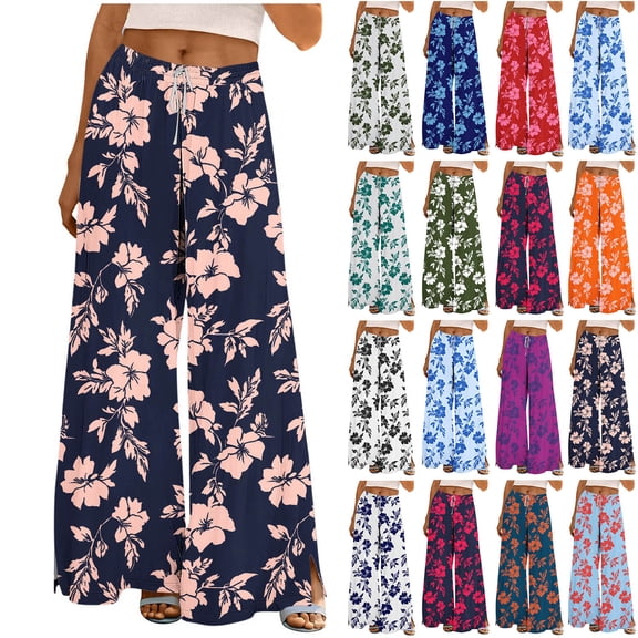 Neewe Womens Summer Casual Loose Wide Leg Lounge Pants Lightweight High Waisted Trousers Printed Pants with Elastic Waist-Orange M