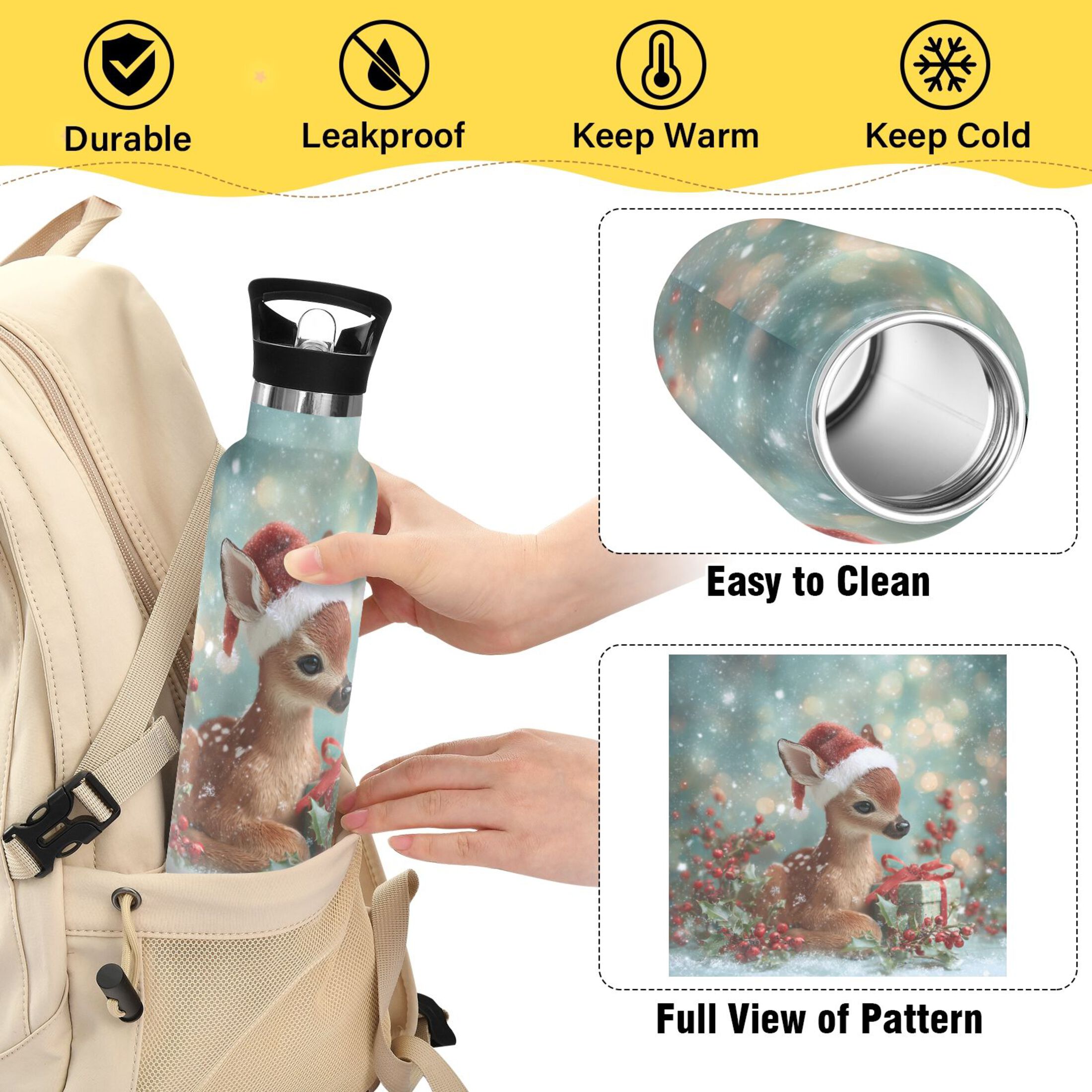 600ML Stainless Steel Insulated Cup Sports Water Bottle Portable Thermos Cup Water Glasses Insulated Tumblers Convenient and Durable Warm Christmas Deer Cartoon