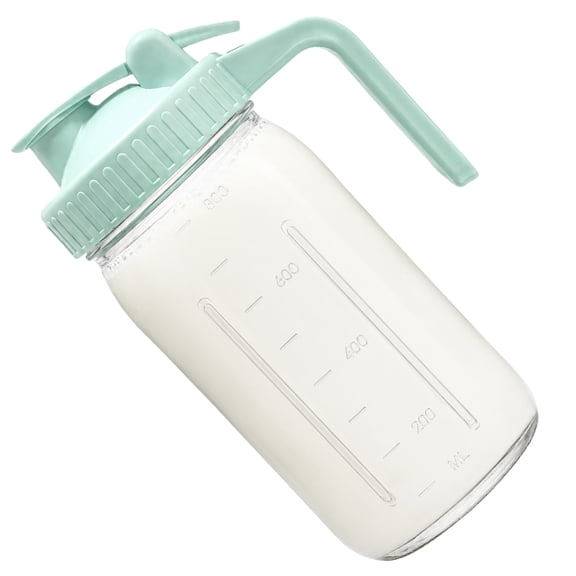 1 Pack 32oz Glass Pitcher with Flip Lid & Spout, Leakproof Beverage Container with Handle, Measurement Marks – Perfect for Milk, Juice, Formula & Iced Tea (White with Green Handle)