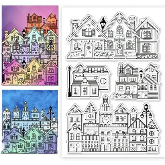 City Street Landscape Clear Stamps House Transparent Stamps Building Pattern Silicone Clear Stamp Seals for DIY DIY Scrapbooking Photo Album Decoration 4.3x6.3inch