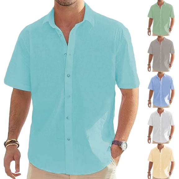 SGFCWSX Men's Short Sleeve Linen Shirt Button Down, Plain Design Lightweight Summer Casual Work Daily Outfit Mint Green Size XL