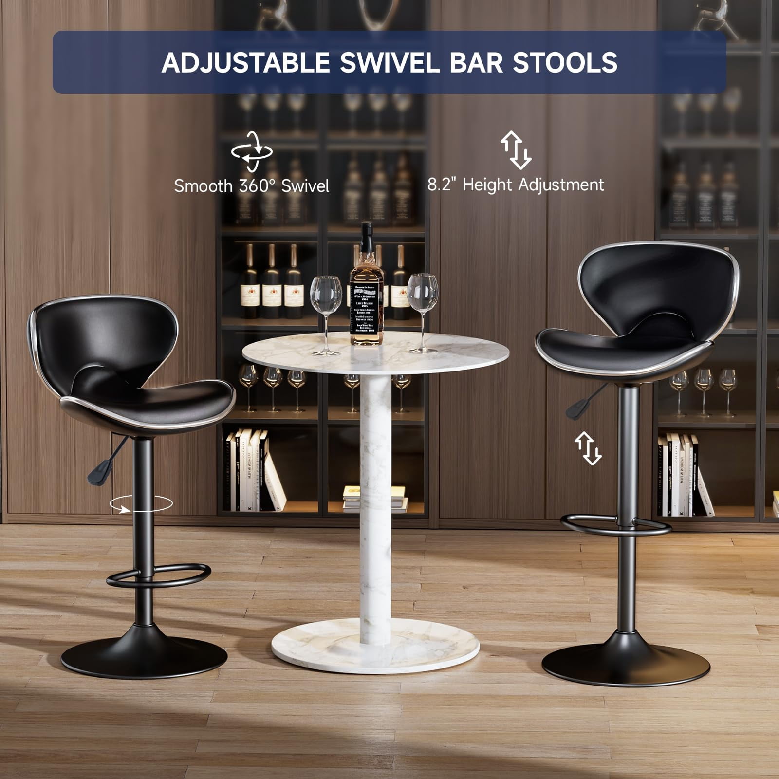 Adjustable Swivel Bar Stools Set of 2 , Modern PU Leather Upholstered Bar Chairs with Chrome Base for Kitchen Island, Dining Room, Pub, Counter (Black,Black Base)