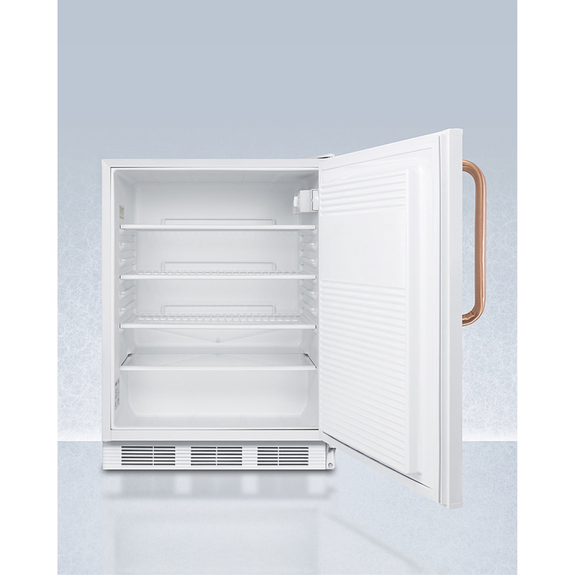 ADA compliant commercial all-refrigerator for freestanding general purpose use, auto defrost w/lock, copper handle, and white finish