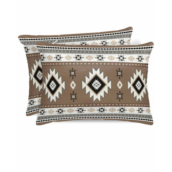 Hokiten Pillow Cases Standard Size Set of 2, Lumbar Pillow Covers, Brown Boho Satin Pillowcases with Zipper for Hair/Skin, Farmhouse Aztec Southwest Ethnic Geometric 20x26 Inches