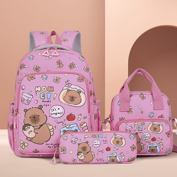 Tuscom Cartoon Kapibala Backpack Set, Cute Capybara School Backpack with 3-Piece Set, Lightweight Durable Bookbag for Teens