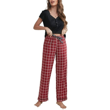 

2pcs Set Casual Plaid V neck PJ Pant Sets Short Sleeve Burgundy Women s Pajama Sets (Women s)