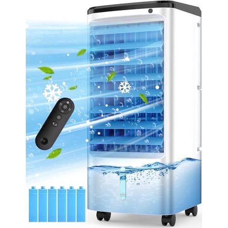 Evaporative Air Cooler, 6Ice Packs, 4Modes&3Speeds, 600Sq.ft Swamp Cooler, Dual Tank for 15H Cooling, 12H Timer, 26Ft Remote, 65°Swing Windowless Portable Air Conditioner for Bedroom Indoor