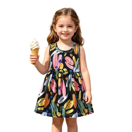 XEGLSBU Girls Party Dress Flared Sleeveless Sunflower Print A Line Summer Casual Play Dresses (Black Size 4-5 Years)
