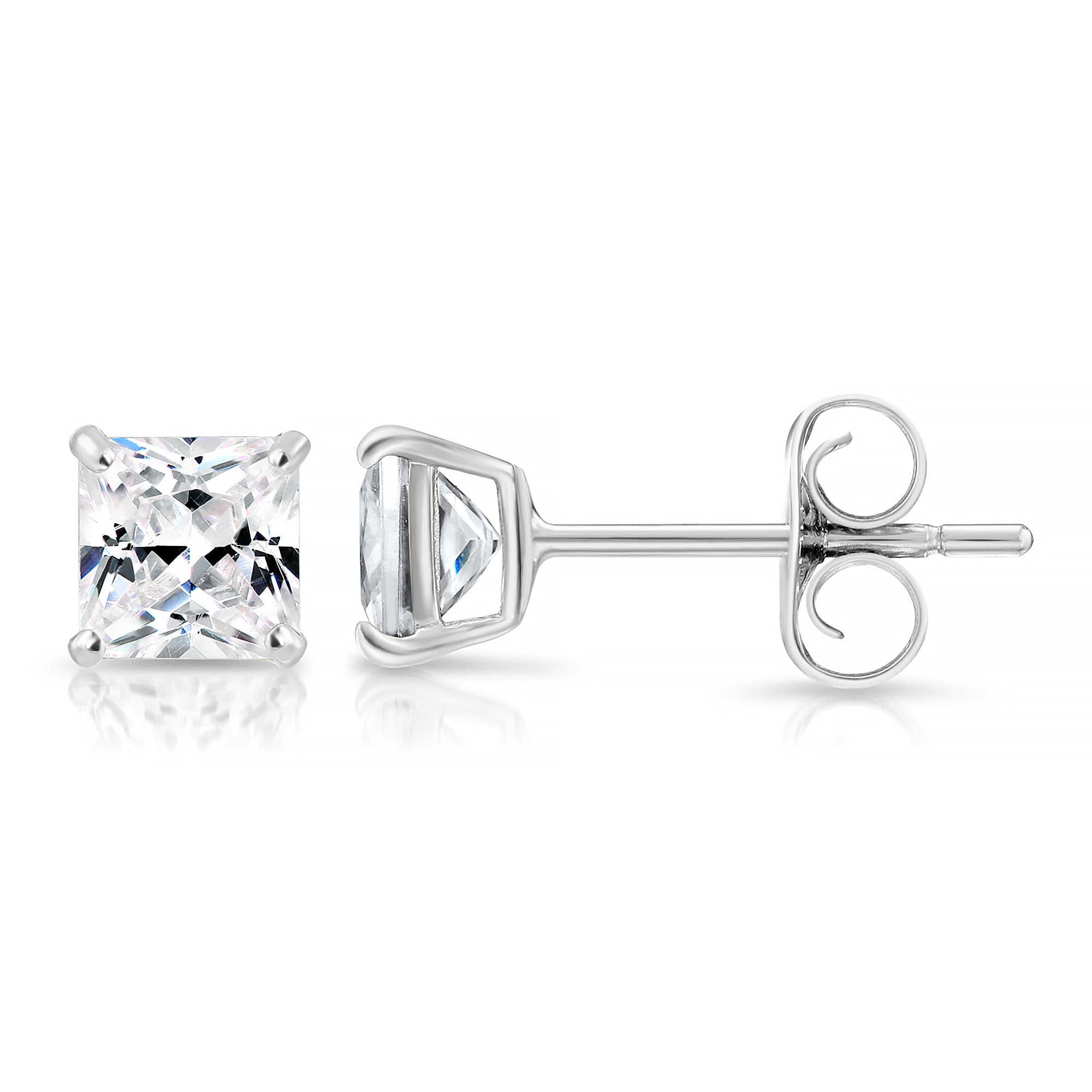 Tilo Jewelry 14k White Gold Princess Cut Square CZ Stud Post Earrings with Push-Backs (4MM) - Women, Men, Unisex