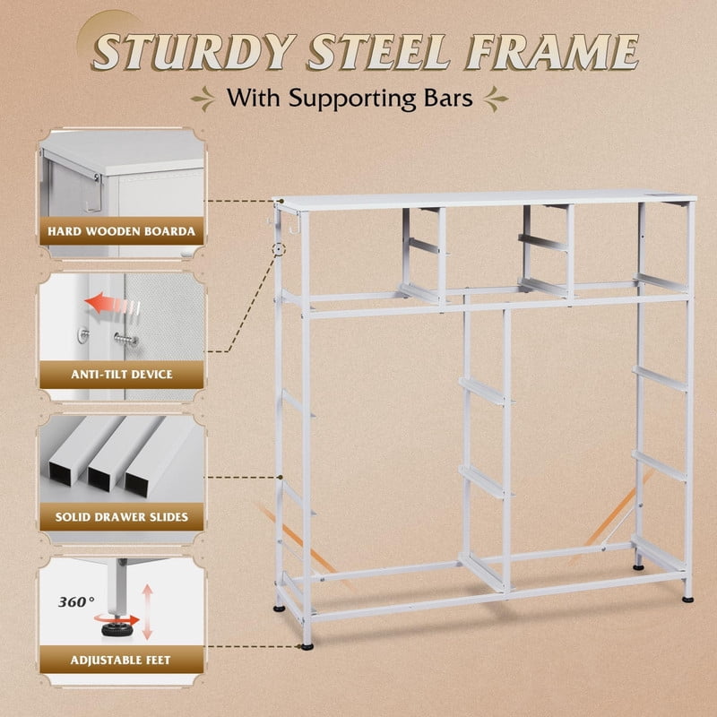 Kelno 10 Drawer Fabric Dresser Storage Organizer with Side Pockets Sturdy Metal Frame Wood Top, White