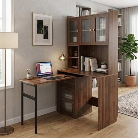Computer Desk with Hutch and Glass Doors, Office Desk with 90 Degree Rotating Desktop, Writing Table Large Workstation with Bookshelf and 1 Drawer