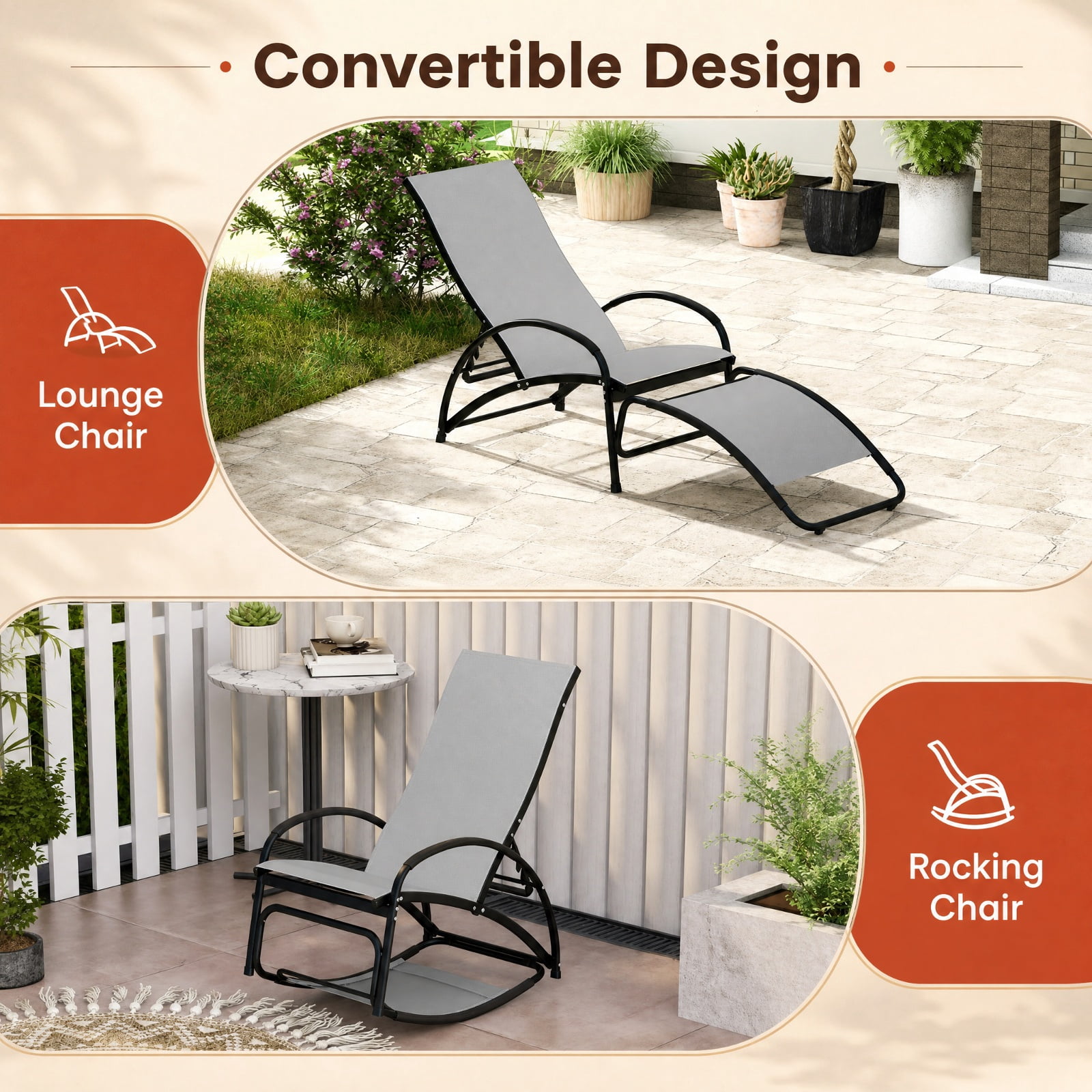 Furnibear 2 in 1 Outdoor Rocking Chair with 4 Position Adjustable Backrest and Aluminum Frame for Patio Porch and Poolside, Gray