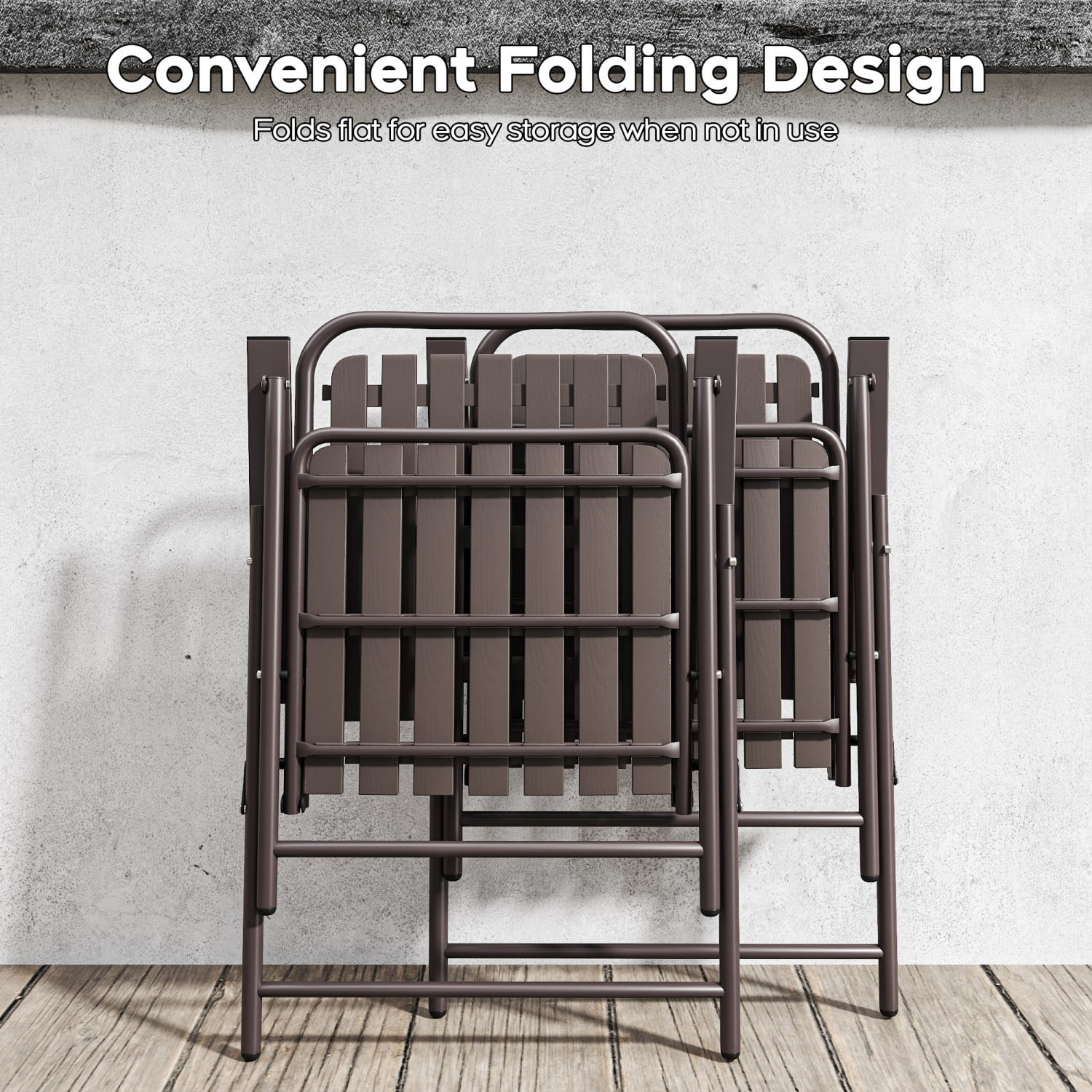 Folding Chairs Set of 2, 350 lb Capacity Outdoor Chairs with Powder-Coated Metal Frame & WPC Slatted Seat, No Assembly, Antique brown