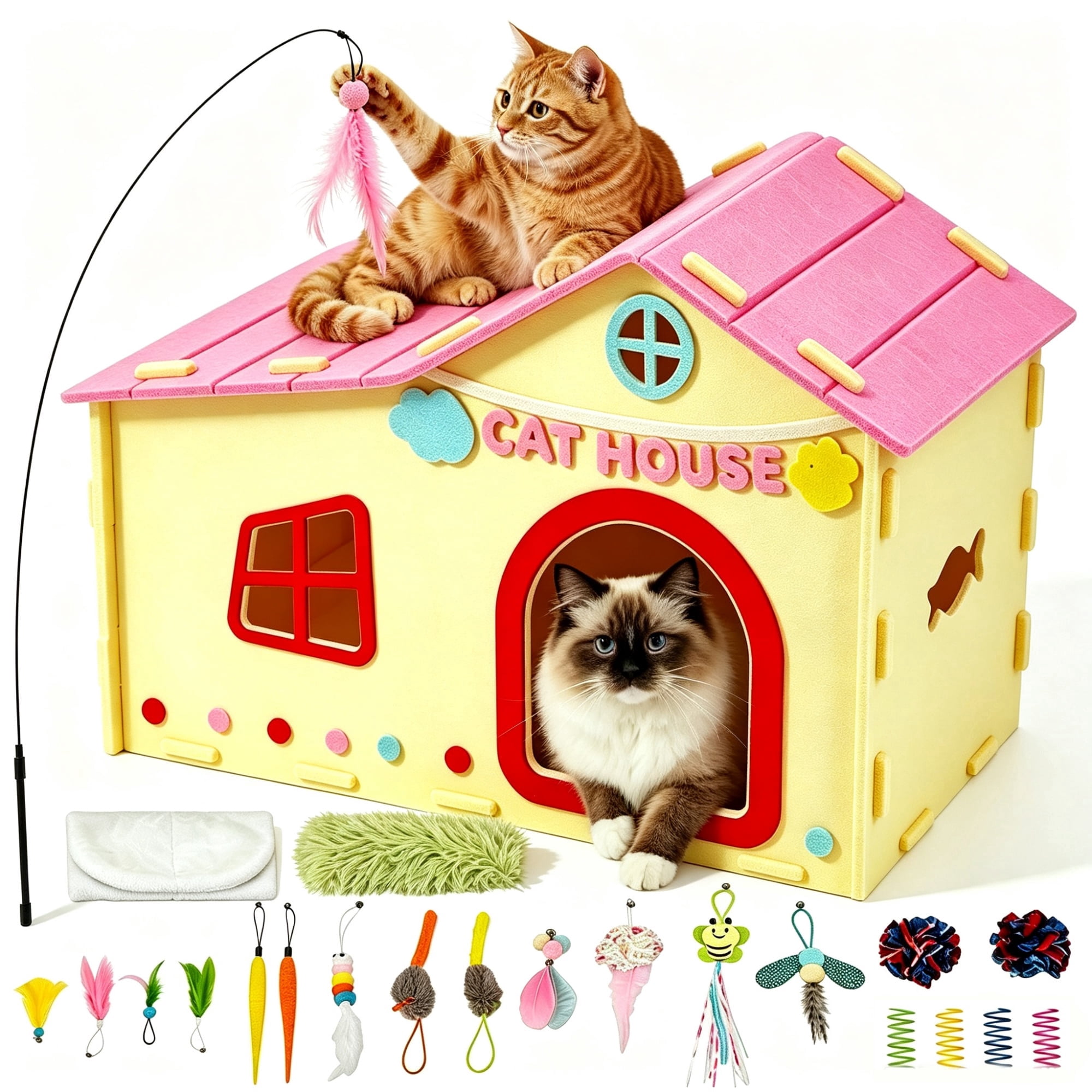 URRU Interactive Cat Toy Feather Toys Playhouse for Indoor Cats,Kitten Toys with Soft Cushion,Catnip Toys,Plush Mice,Feather Wand,Springs and Balls for Indoor Kittens,Cat House