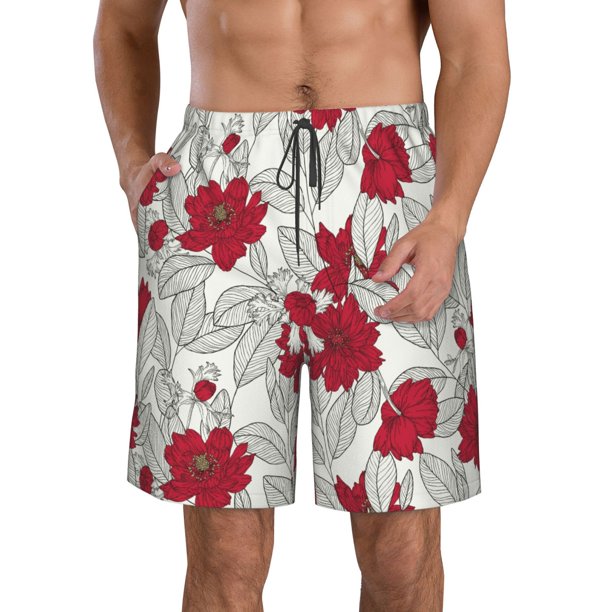 Fotbe Leaves And Anemone Flowers In Red Grey Trajes de Baño Estampados para Hombre, Shorts de Verano de Secado Rápido, Ropa de Playa, Bañadores-Small