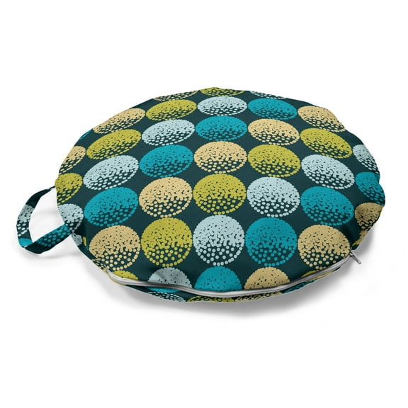 Abstract Round Floor Cushion with Handle, Dots Arrangement Circles Repeating, Decorative Pillow for Living Room & Dorms, 18" Round, Dark Teal Multicolor, by Ambesonne