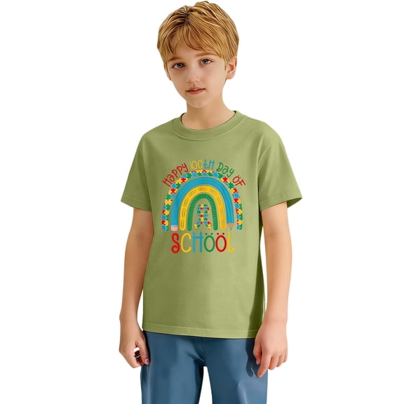 Tiweut T Shirts for Children Cute Rainbow 100th Day of School Summer Top Army Green
