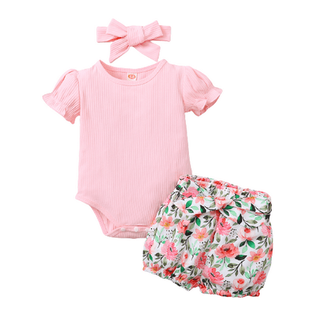 

Mikrdoo Summer Outfits For Newborn Baby Girls Bubble Sleeve Romper Elastic Flower Print Shorts Headband 3Pcs Clothes Set Pink 6-9 Months