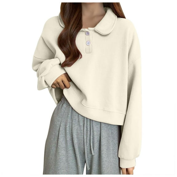 Womens Lapel Sweatshirts Quarter Zip Button Pullover Tops Loose Fit Crop Sweatshirts Casual Solid Long Sleeve Hoodless Cute Fall Outfits