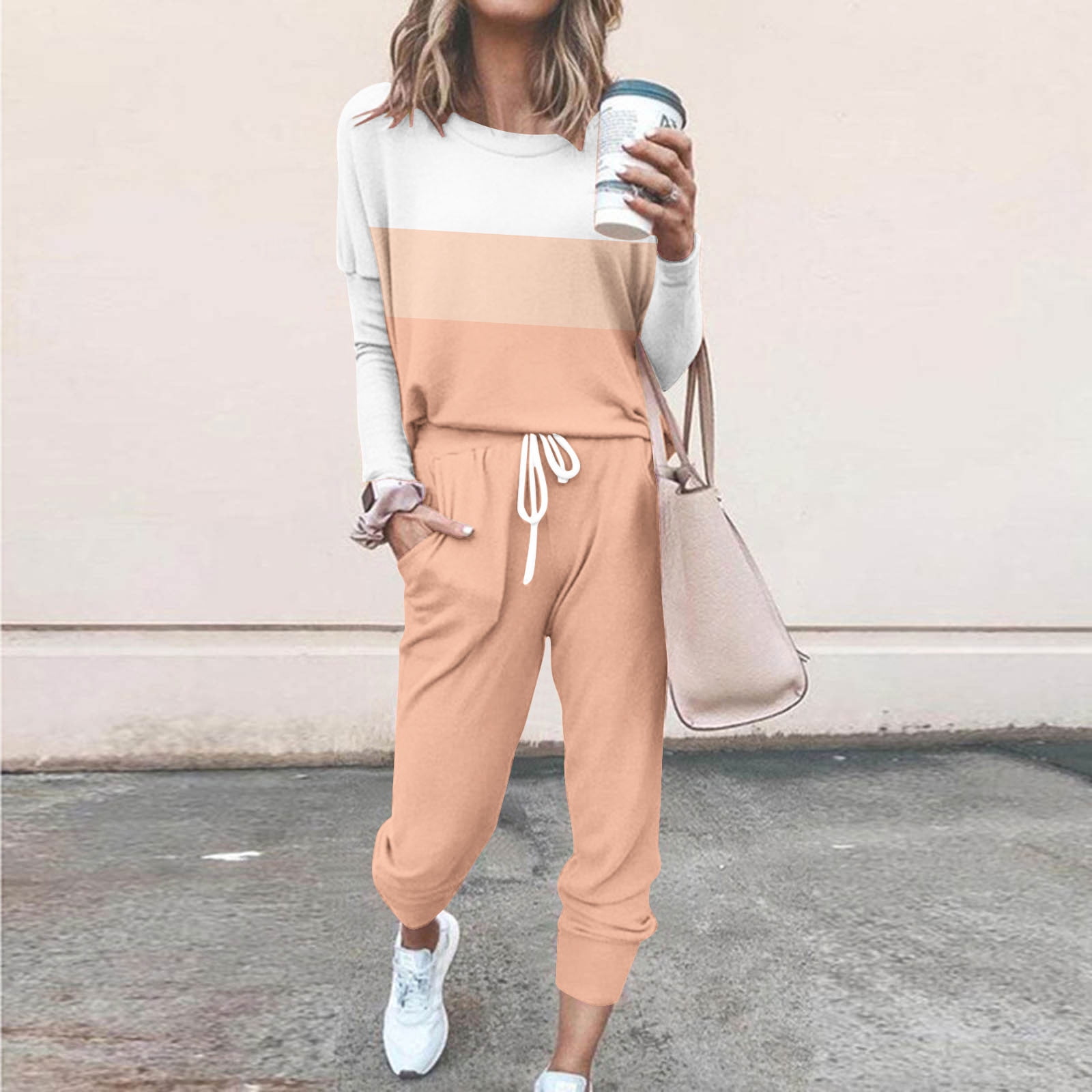 2 Piece Sets for Women Fall Pants Casual Pants Sets Women 2 Piece Outfits Dressy Casual Women'S Round Neck Long Sleeve Top + Pants Color Blocking Home Sports Casual Yoga Suit