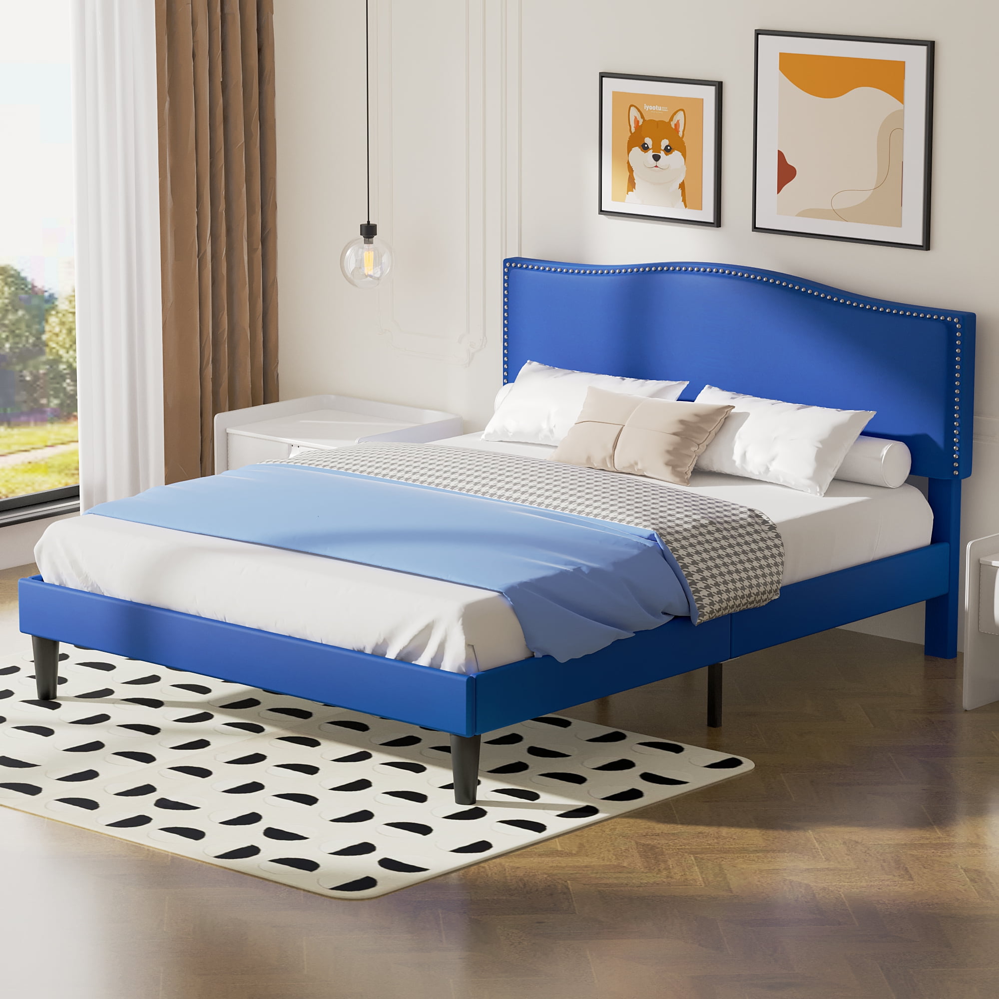 Javlergo Queen Size Bed Frame, Upholstered Platform Bed with Adjustable Headboard, No Box Spring Needed, Dark Blue