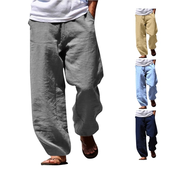 SONXAHE Men Linen Blend Pants Drawstring Waist Side Pockets Loose Fit Vacation Casual Bottoms