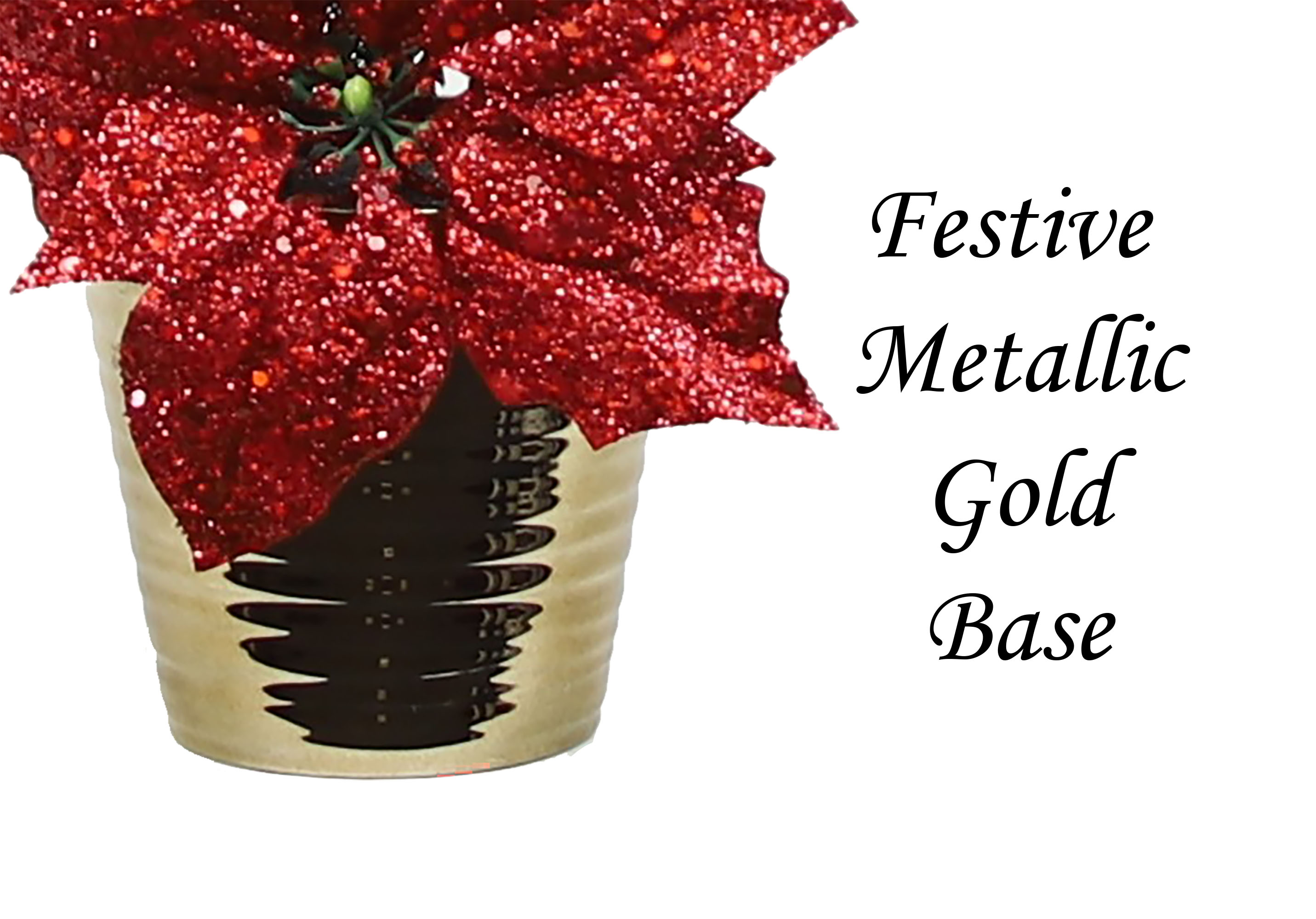 The Mod Greenhouse 14" Red Sequined Artificial Poinsettia Table Top Arrangement in Gold Metallic Glass Container