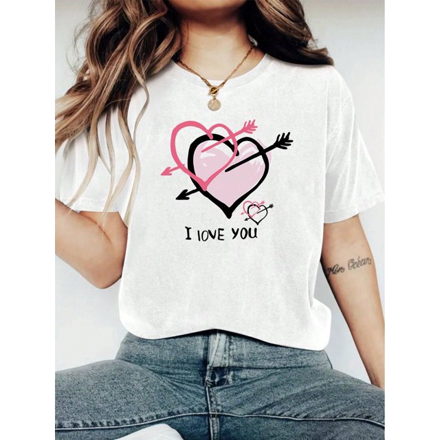 Valentine's Day Women's Fashionable LOVE Print T-Shirt - Casual Short Sleeve Crew Neck Top - Lightweight & Breathable For Spring & Summer Wardrobe