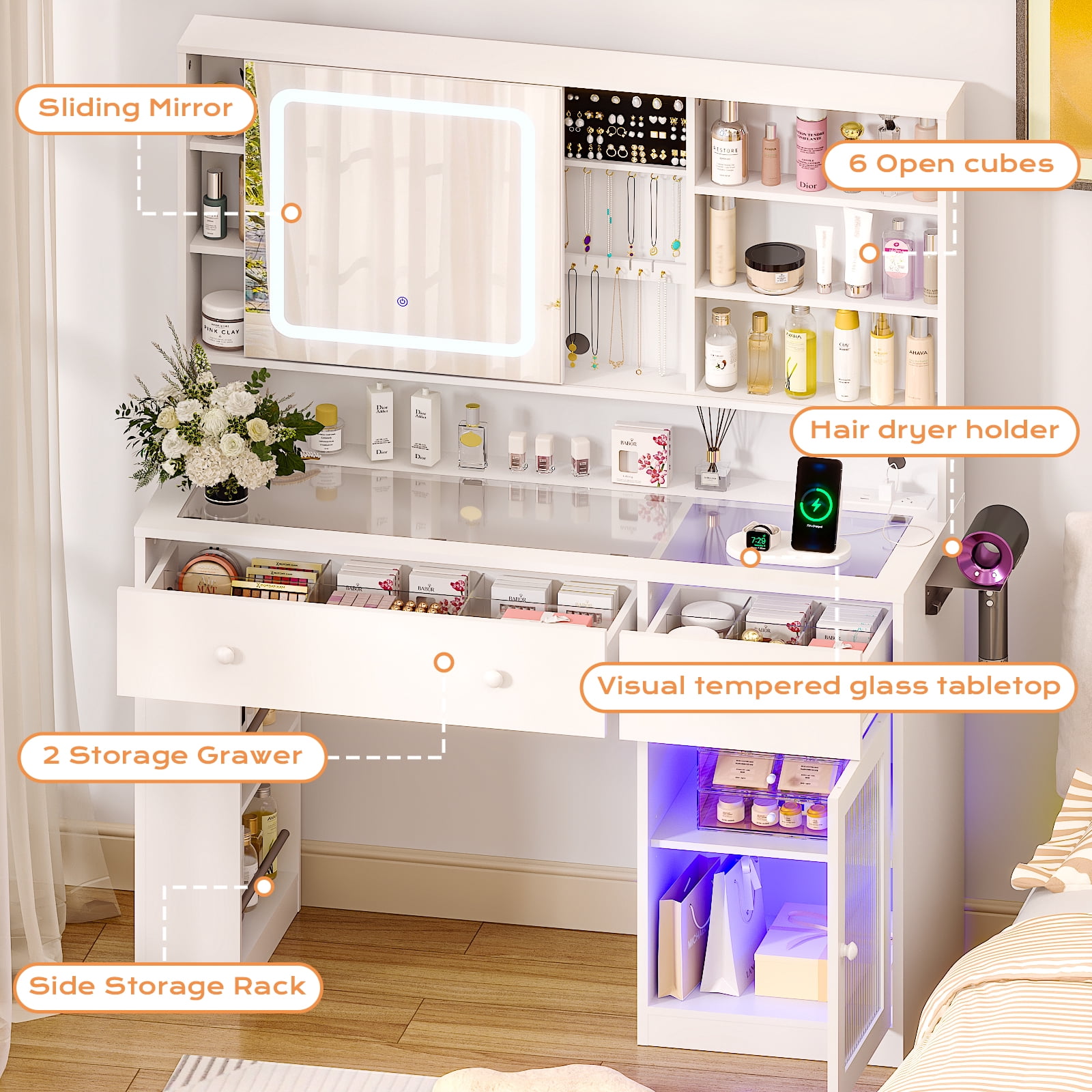 Ktaxon Makeup Vanity with Lighted Mirror,  Vanity Table Set w/ Charging Station, Side Rack, White