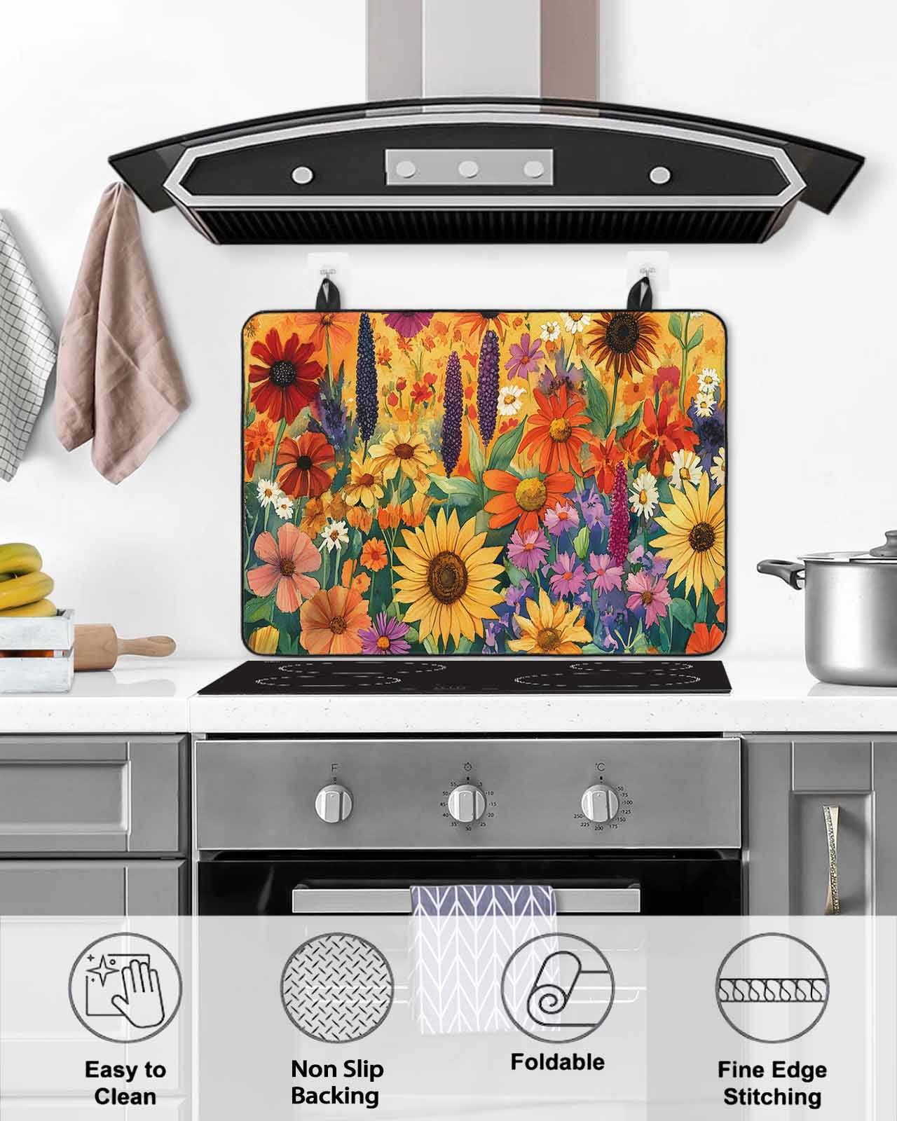 nqOlkjepod Large Induction Cooktop Protector Mat 24"x21", Colorful Flowers Stove Top Covers for Electric Stove, Farmhouse Sunflower Daisy Decorative Stove Burner Cover Mats, Glass Top Stove Cover