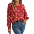 thumbnail image 1 of WIFORNT Women Loose Knit Sweater Heart Pattern Long Lantern Sleeve Pullovers Spring Fall V-Neck Jumpers Streetwear, 1 of 8