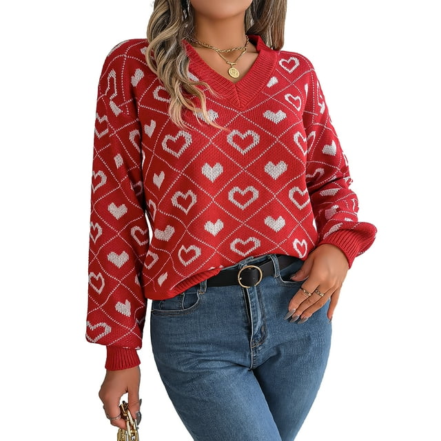 WIFORNT Women Loose Knit Sweater Heart Pattern Long Lantern Sleeve Pullovers Spring Fall V-Neck Jumpers Streetwear