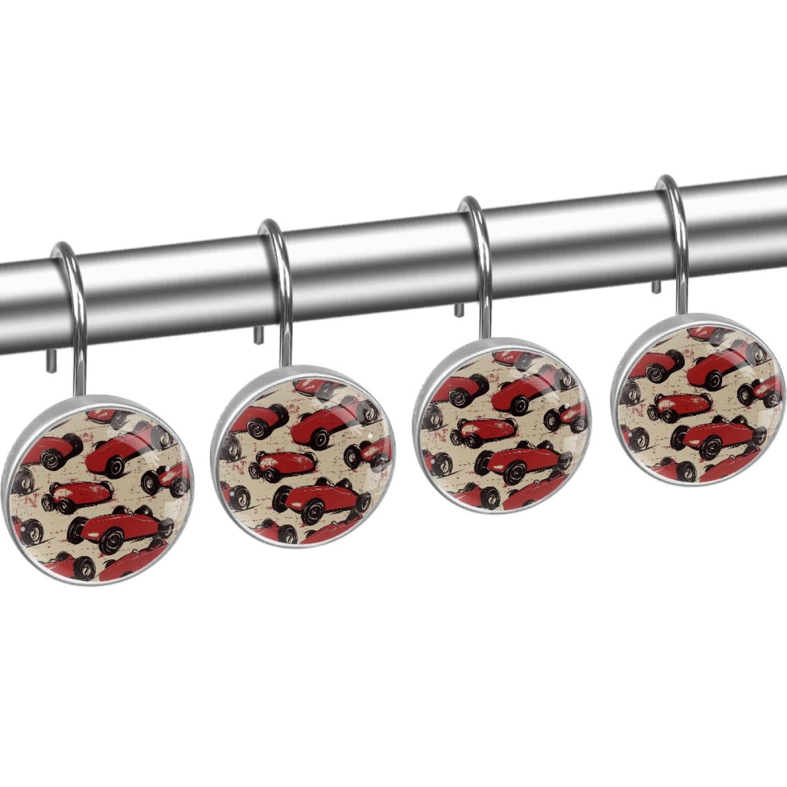 Cartoon Red Racing Cars Shower Curtain Hooks Round Crystal Glass, Set of 12 Shower Curtain Rings - Shower Hooks for Curtain Shower Rings