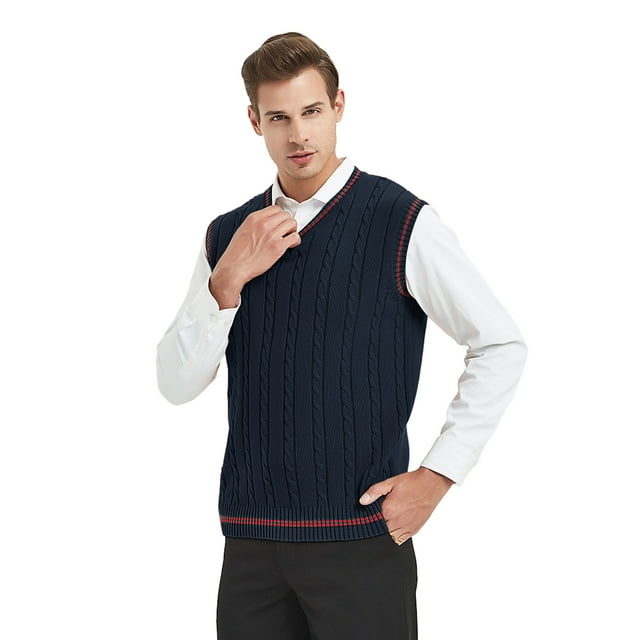 TOPTIE Men's 100% Cotton Knit Sweater Vest, V Neck Cable Pattern