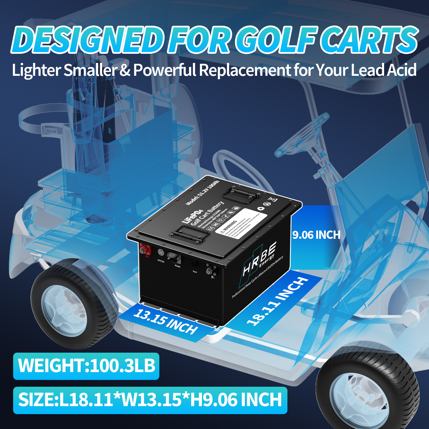 48V 100Ah Lithium Golf Cart Battery, 200A BMS with Touch Monitor, HRBEENERGY 8000+ Cycles Lifepo4 Club Car Battery