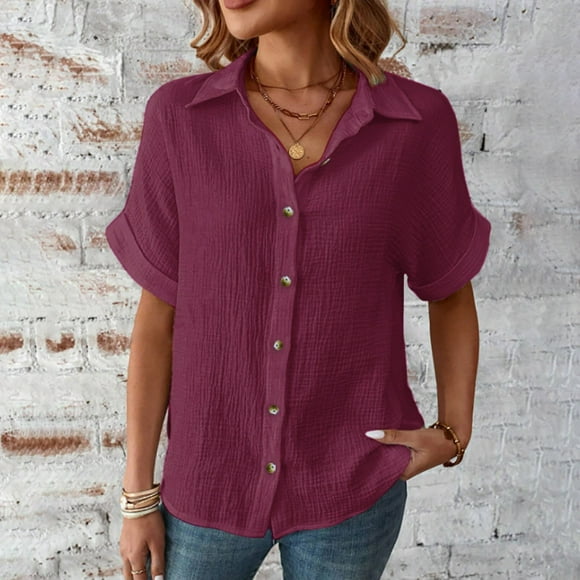 Meichang Womens Button Down Shirts Solid Color Short Sleeve T Shirts Loose Casual Summer Collared Shirts Comfy Lightweight Cotton Tops