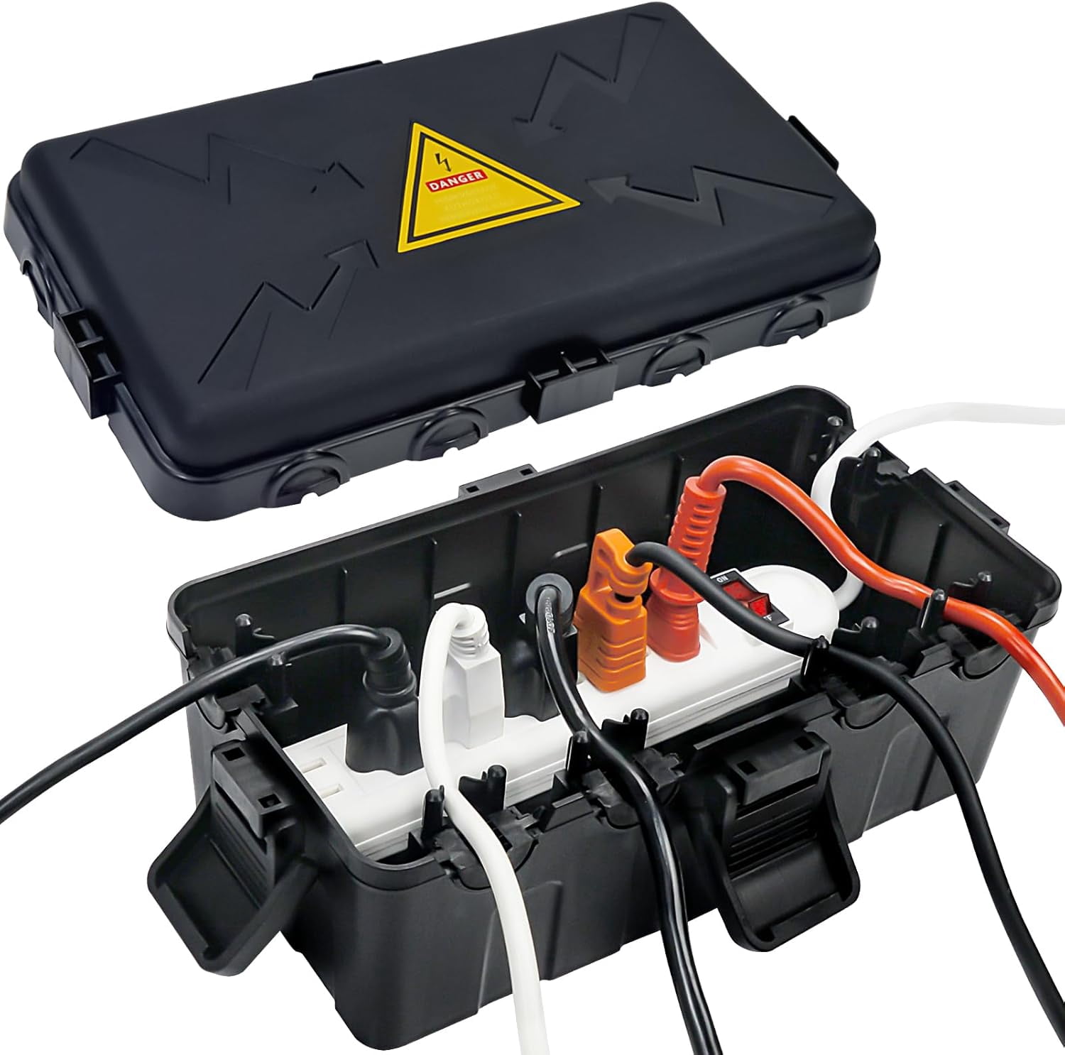 LXYWXS-Medium Outdoor Electrical Box(10.6x5.5x4.5inch),Weatherproof Connection Box w/6 Cable Entry,IP54 Waterproof Extension Cord Cover Protect Power Strip,Timer,Plug,Holiday Lights,Black