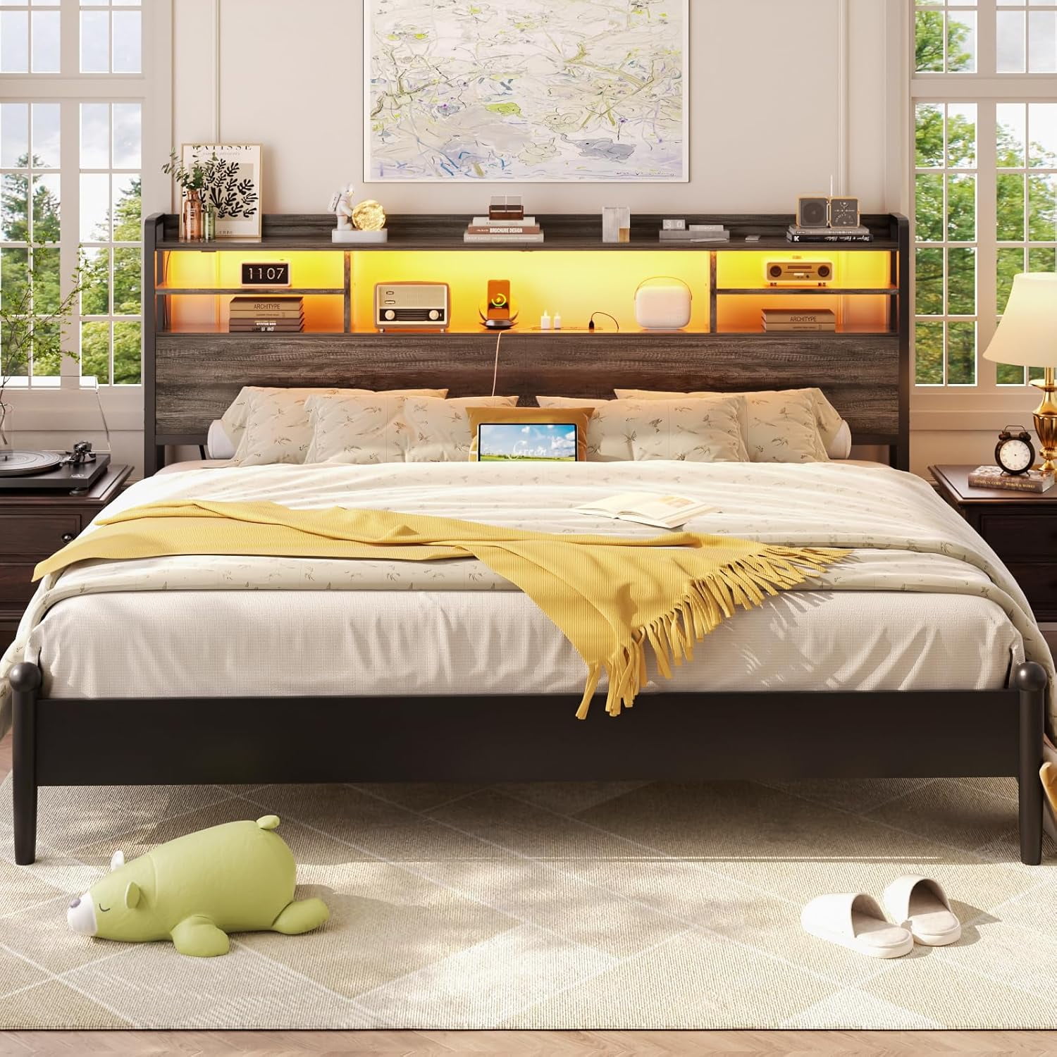iSunirm Headboard for King Size Bed with Bookcase Storage, King Headboards with LED Light and Power Outlets, Modern King Size Head Board, for King Size Bed, 77.2'' Width, Black Oak