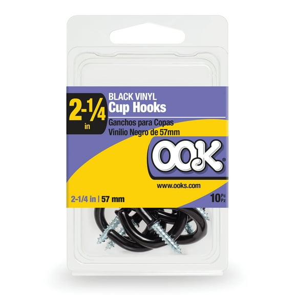 Ook Cup Hooks, 2-1/4", 0.5 lbs, Screw Hooks, Steel, Black Vinyl, 10 pack