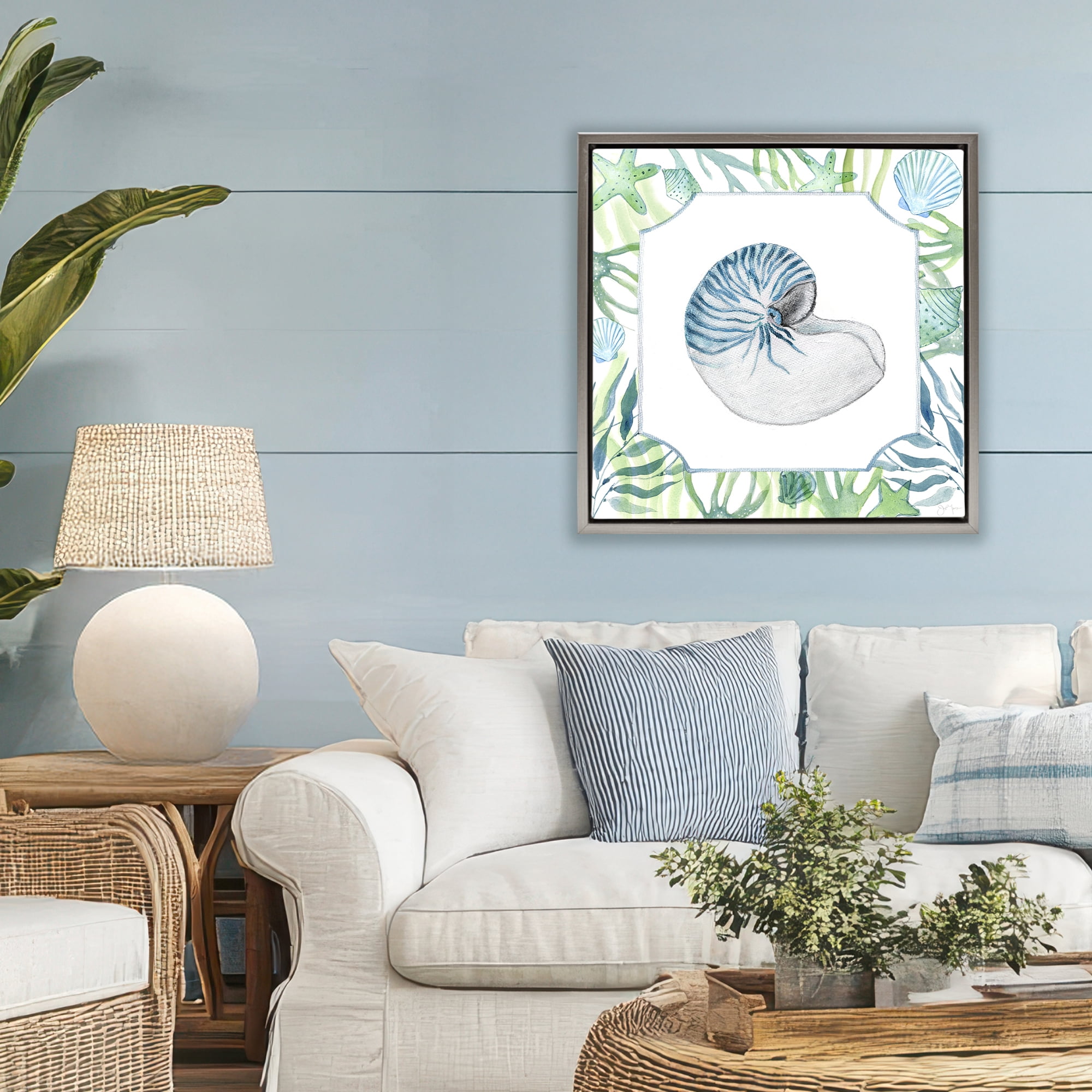 Stupell Industries Seaweed & Seashells Aquatic Gray Framed Floater Canvas Wall Art, design by Janet Tava