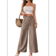 thumbnail image 3 of Pantalones de Mujer con Cintura Elástica Fruncida, Pierna Recta, Tiro Alto y Largos. Marrón L, 3 of 8
