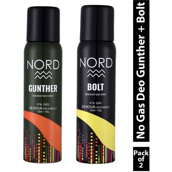 Nord Déodorant Vaporisateur Corporel pour Hommes Lot de 2X 120ml - 4,05 Fl.oz. Chacun Gunther + Bolt Combo Déodorant pour Garçons - Fraîcheur 24 Heures, Sans Gaz avec Notes de Mandarine, Lavande & Orange