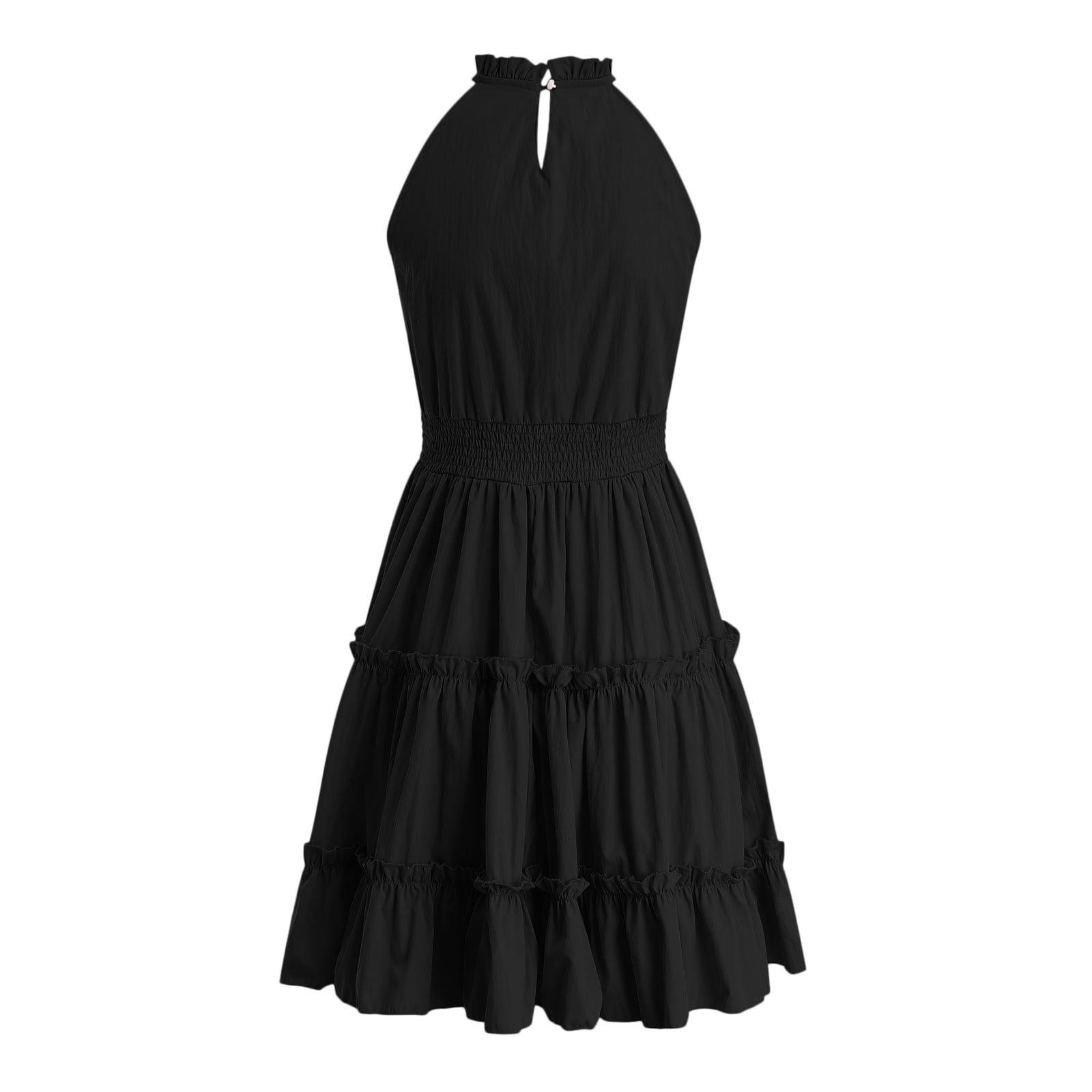 Faraee Girl's Halter Neck Sleeveless Summer Dress Smocked Waist A-line Sundress Tulle Mini Swing Pleated Skirt with 3 Layers Black 5-6 Years