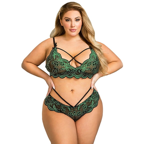 Tejiojio Summer Saving Labor Day Women's Plus Size Lace Wireless Bra Sleepwear Pajamas Underwear Set