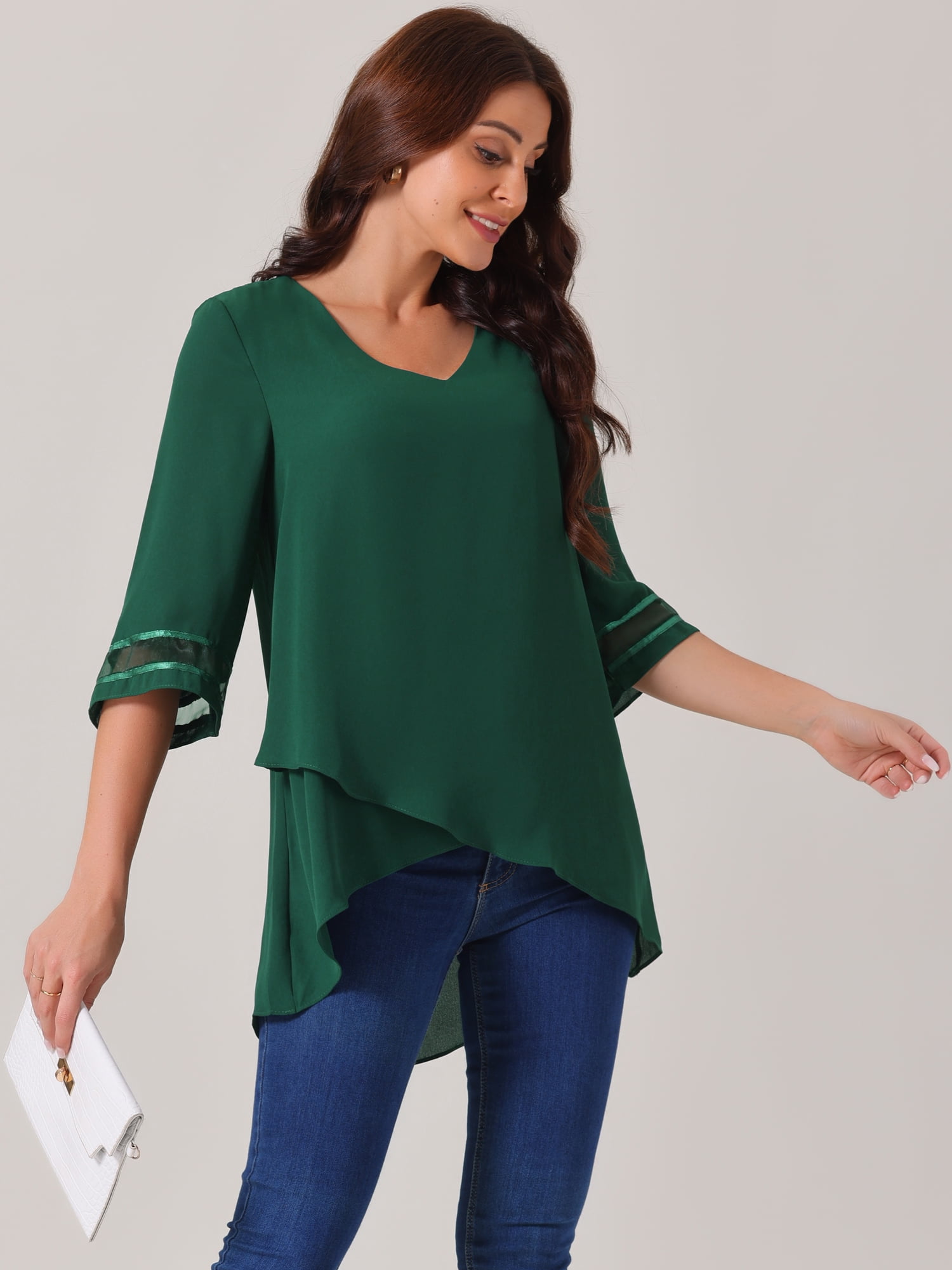 Unique Bargains Women's Chiffon V Neck 3/4 Bell Sleeve Asymmetrical Hem Blouse S Green
