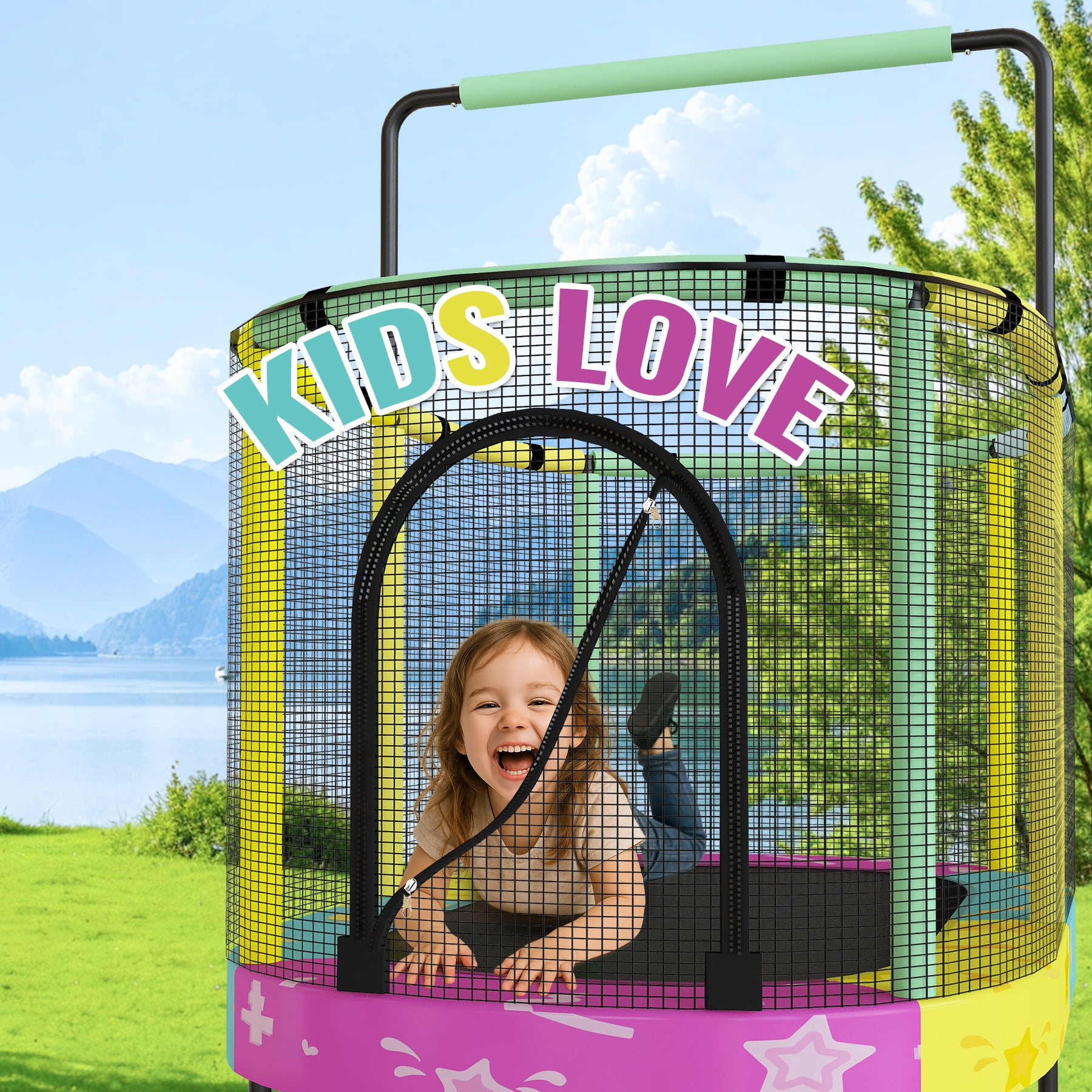 Baxluxe 60" Kids Trampoline 7-in-1, Elliptic Toddler Trampoline with Safety Enclosure Net, Height Adjustable Handrail & 500lbs Capacity, Mini Bouncer with Swing for Age 3-8, Stars