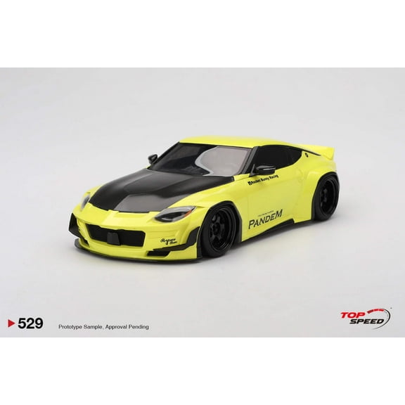 Nissan Z (RZ34) "Pandem" Ikazuchi Yellow with Matt Black Hood 1/18 Model Car by Top Speed